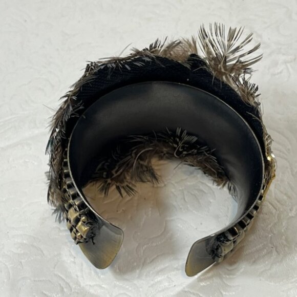 VTG Bird Feathered Crystal Rhinestones Brass Metal Bracelet Adjustable 6.5" - Picture 5 of 16